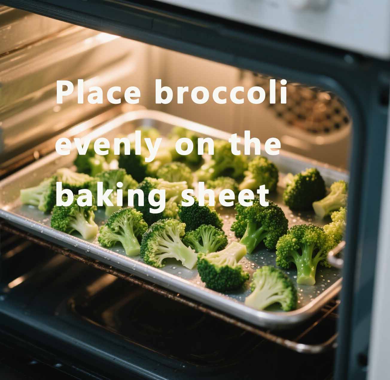 Place broccoli evenly on the baking sheet Place broccoli evenly on the baking sheet